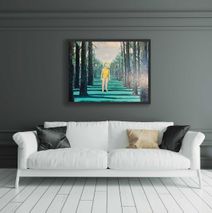 Indretning i stue med maleri "Hverdagspsykosen i skoven"