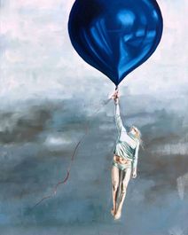 Oliemaleri af kvinde under blå ballon