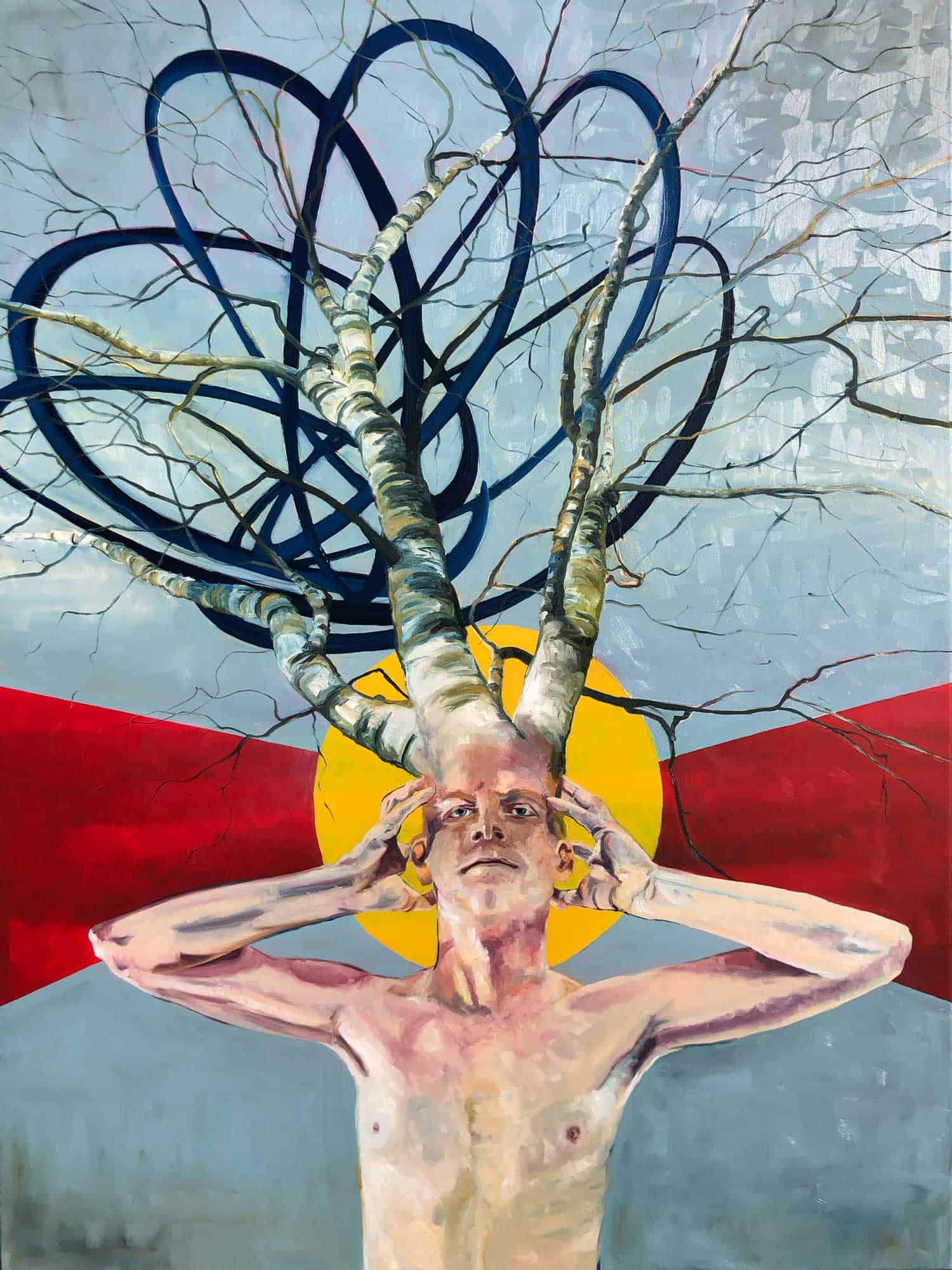 Surrealistisk oliemaleri af mand med grene og cirkler