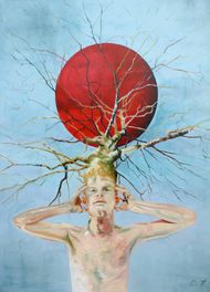 Surrealistisk figurativt oliemaleri af mand grene og rød