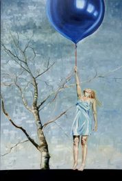Surrealistisk figurativt oliemaleri af kvinde under ballon