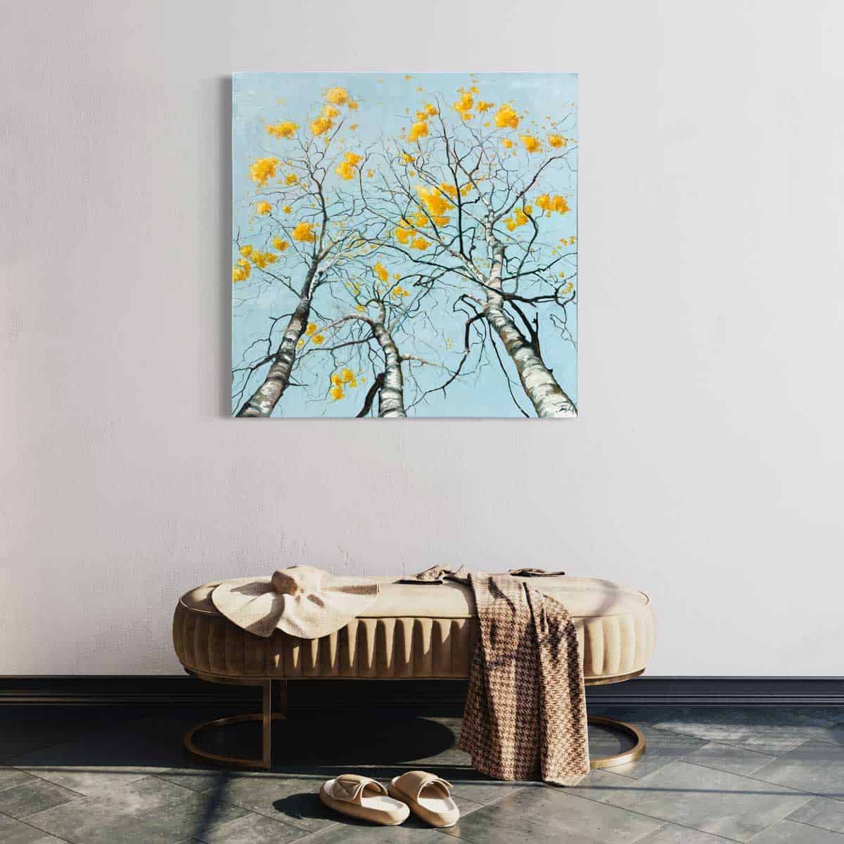Maleri af birketræer i entre. 100x100 cm. oliemaling