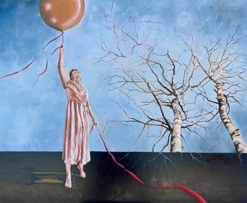 Originalt oliemaleri af kvinde med ballon. Kunst som handler om drømme og udfordringer