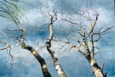 Stort maleri af birketræer. Blå, brun, grøn