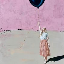 Lille lyserødt og smukt maleri af pige med ballon 60x50 cm